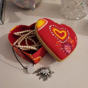 Red Heart Shaped Trinket Jewelry Box Handmade in a Festive Print